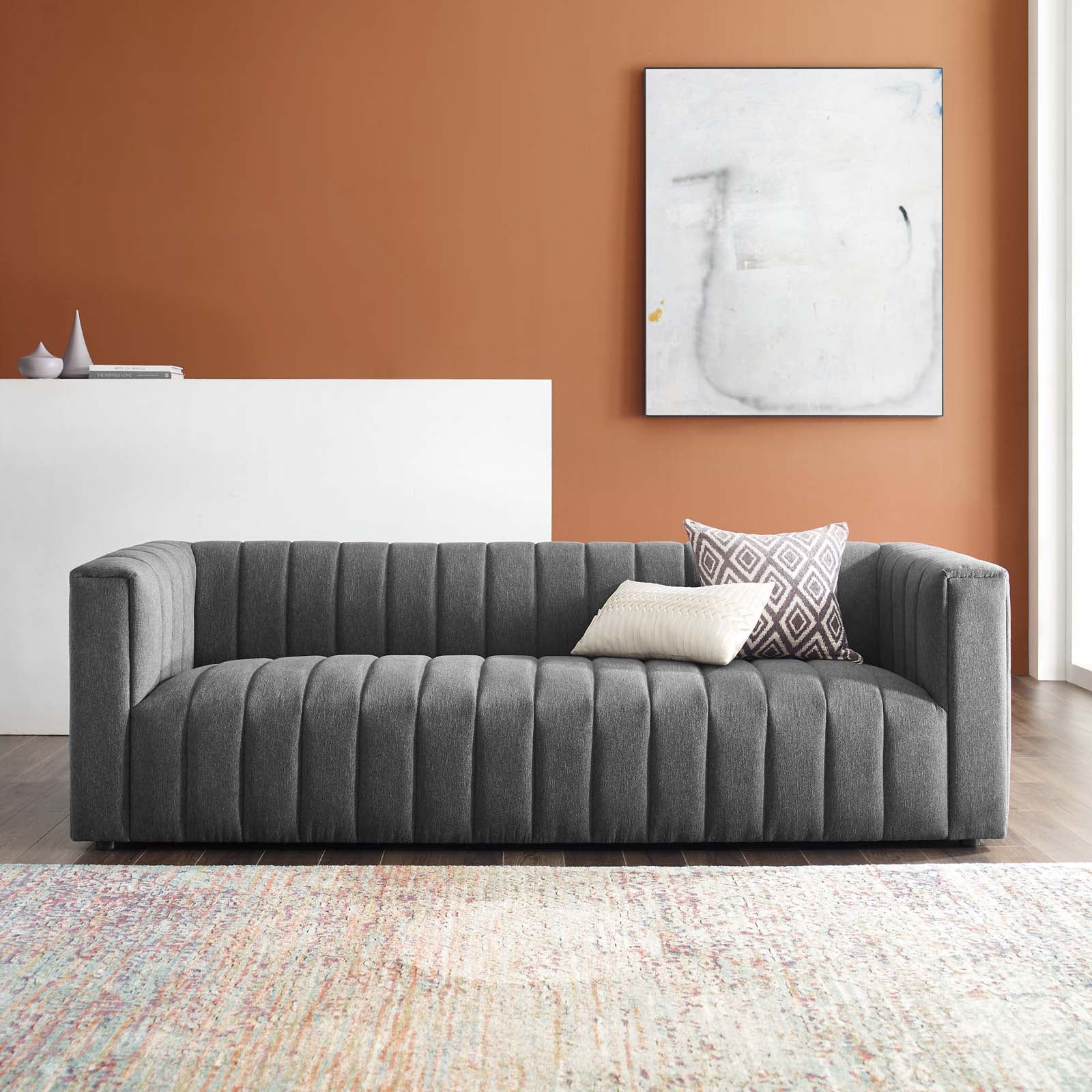 Charcoal Channel Tufted 91'' Reception Sofa with Wood Accents