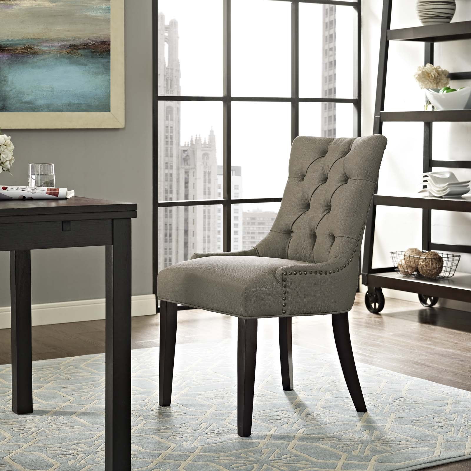 Elegant Granite Tufted Side Chair with Nailhead Trim and Wood Legs