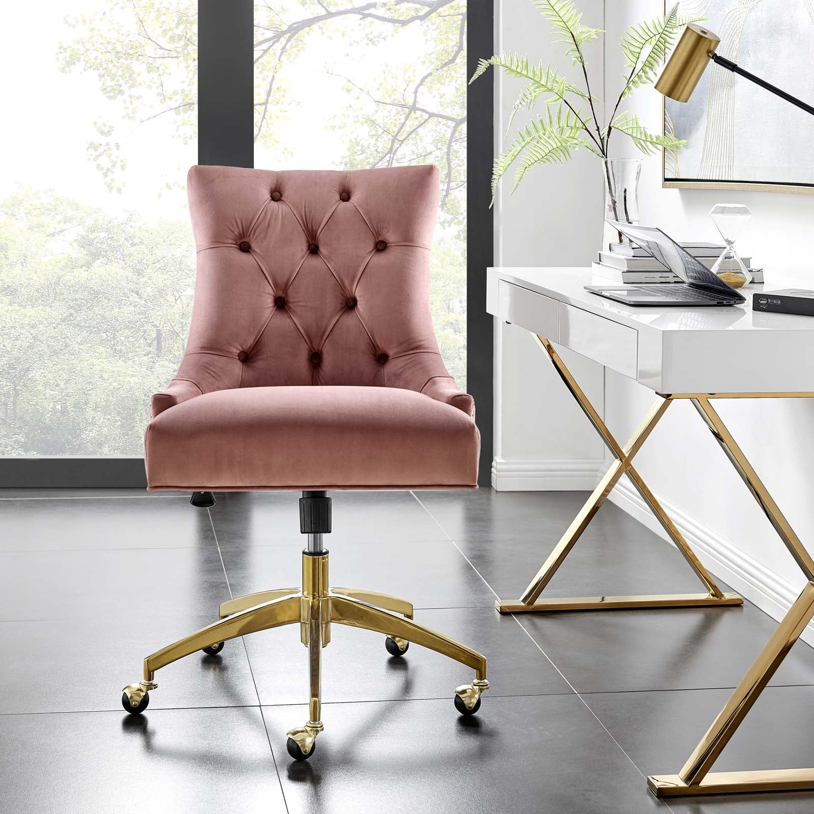 Gold Dusty Rose Armless Swivel Task Chair with Metal Base