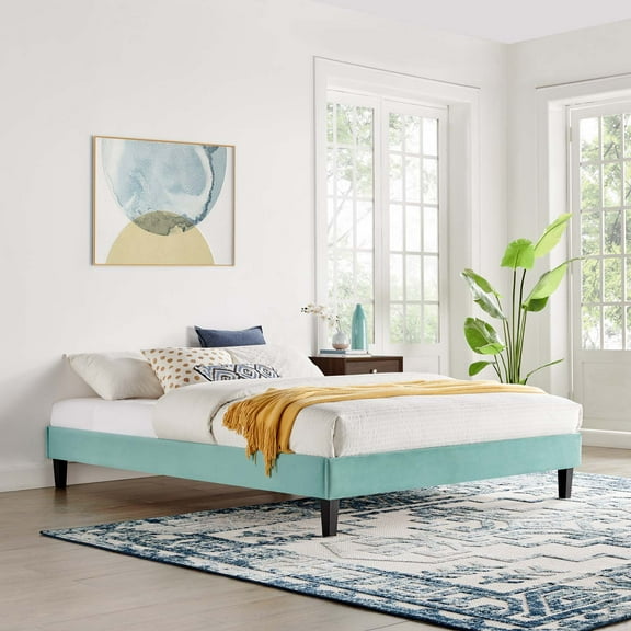 Modway Reign Queen Performance Velvet Platform Bed Frame in Mint Green