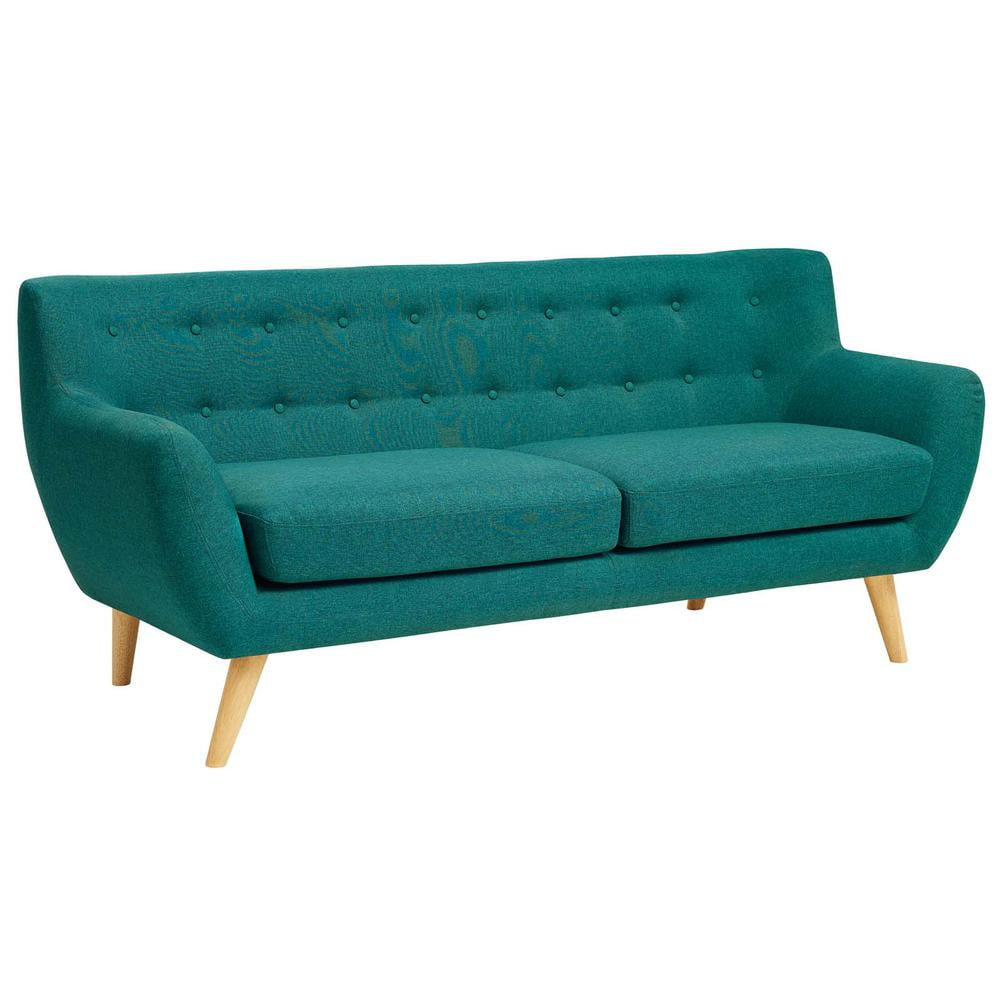 Teal Tufted Mid-Century Modern Fabric Sofa with Wood Legs