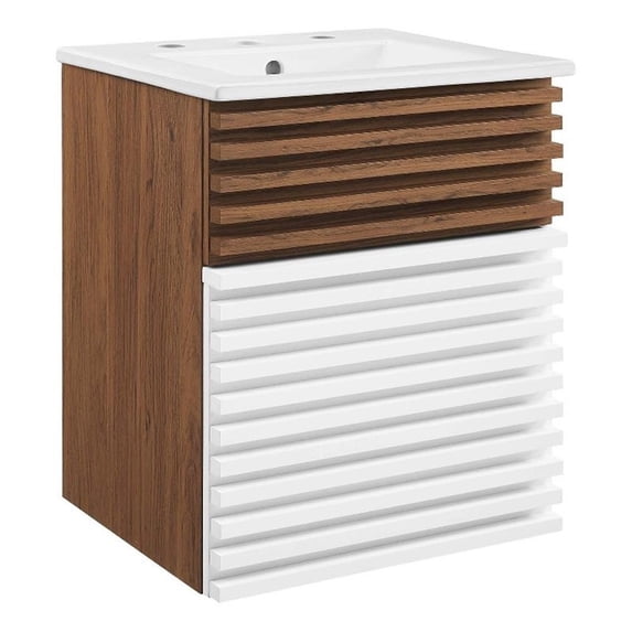 Modway Render 17.5" MDF Wood Wall-Mount Bathroom Vanity in White/Walnut