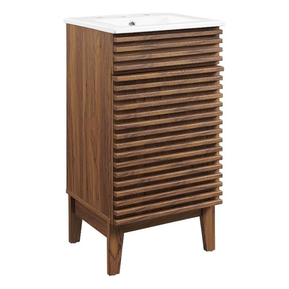 Walnut and White Mid-Century Modern Bathroom Vanity with Ceramic Sink