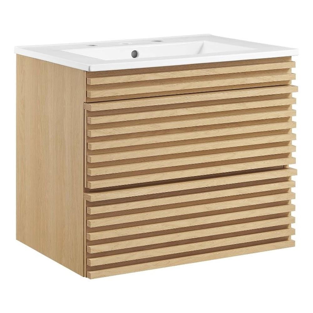 Oak White 24" Wall-Mount Bathroom Vanity with Ceramic Sink