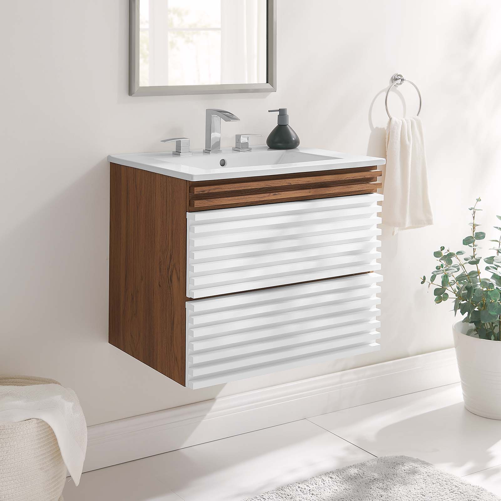 Modway Render 24" WallMount Bathroom Vanity in White Walnut White