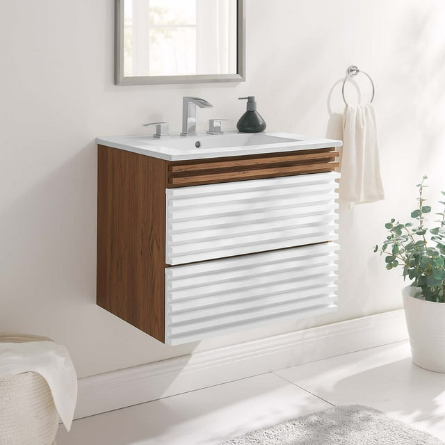 Modway Render 24" WallMount Bathroom Vanity in White Walnut White
