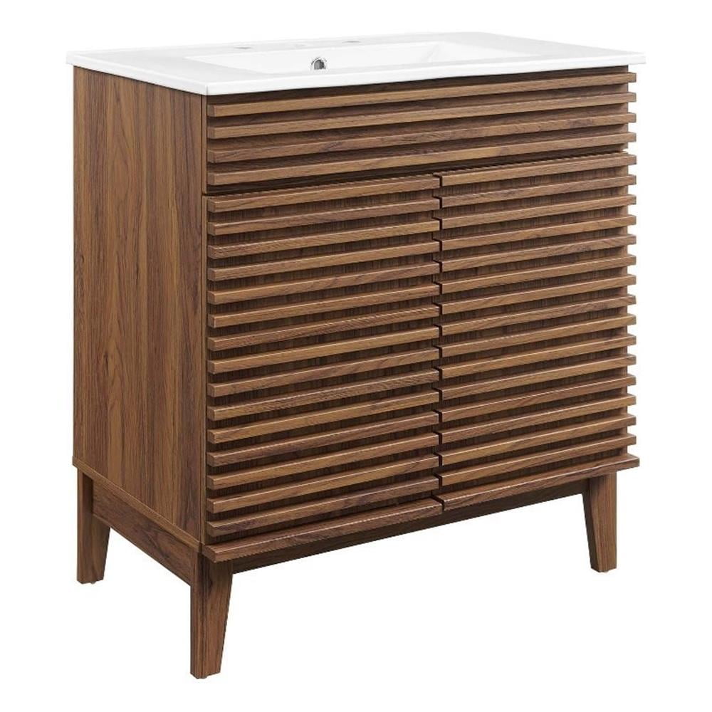 Mid-Century Modern 30" Walnut White Vanity Cabinet with Ceramic Basin