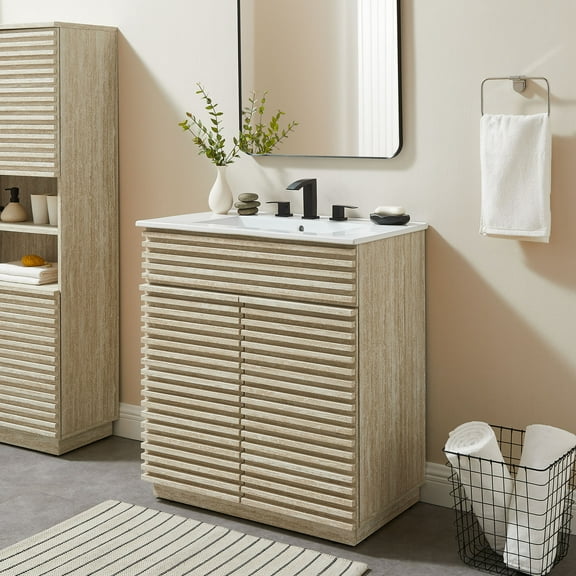 Modway Render 30" Faux Travertine Bathroom Vanity Cabinet (Sink Not Included) in Travertine