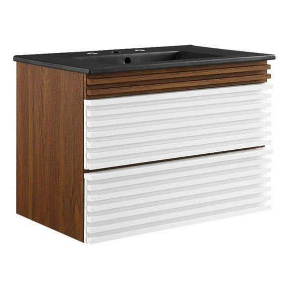 Modway Render 30" MDF Wood Wall-Mount Bathroom Vanity in White/Walnut/Black