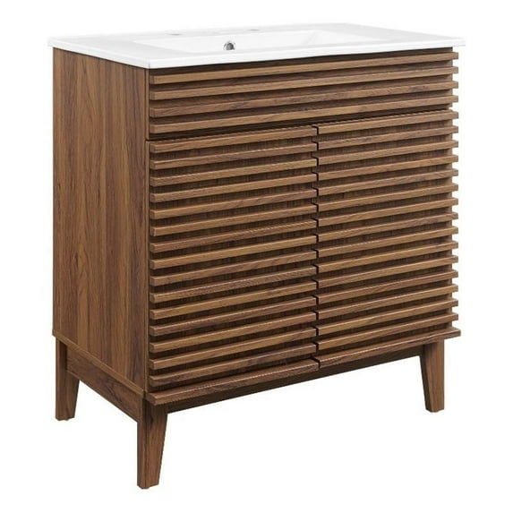 Modway Render 30" Modern Wood Bathroom Vanity Cabinet in Walnut/White