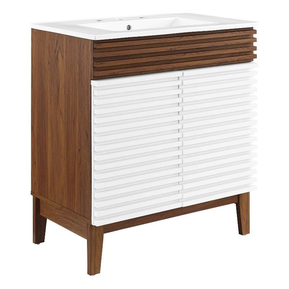 Modway Render 30" Particleboard Bathroom Vanity Cabinet in White/Walnut