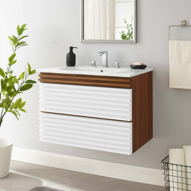 Modway Render 30" WallMount Bathroom Vanity in White Walnut White