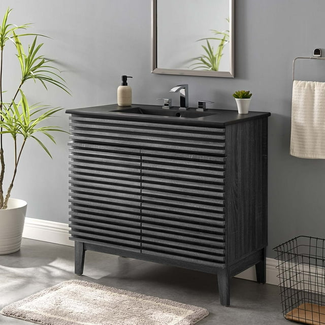 "Modway Render 36"" MidCentury Modern Bathroom Vanity in Charcoal Black with Walnut Grain
