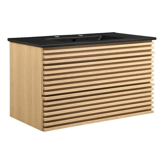 Modway Render 36" MDF Wood Wall-Mount Bathroom Vanity in Oak/Black