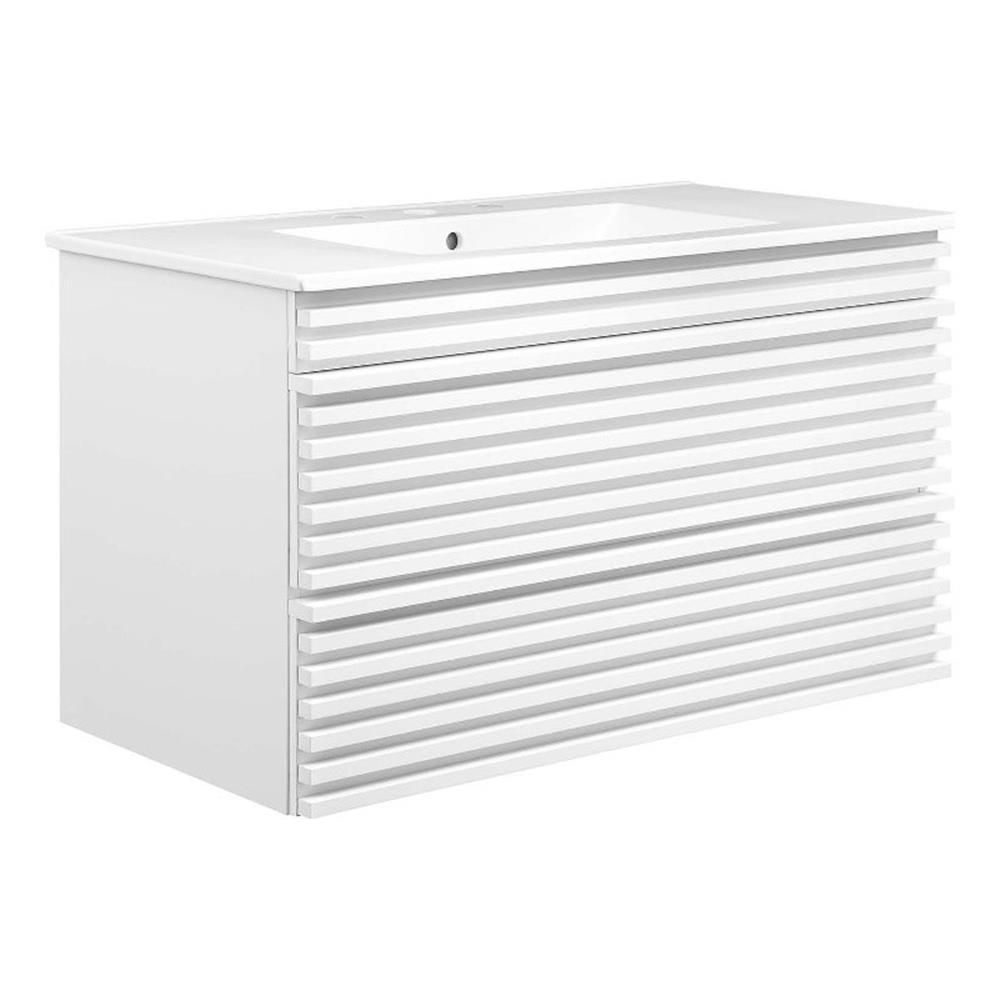 White 36" Wall-Mount MDF Bathroom Vanity with Ceramic Sink
