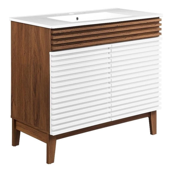 Modway Render 36" MDF and Particleboard Bathroom Vanity in White/Walnut