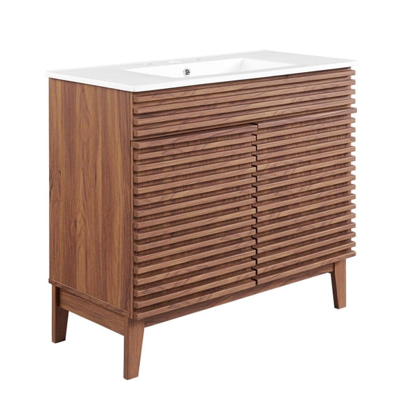 Modway Render 36" Modern Wood and Ceramic Bathroom Vanity in Walnut/White