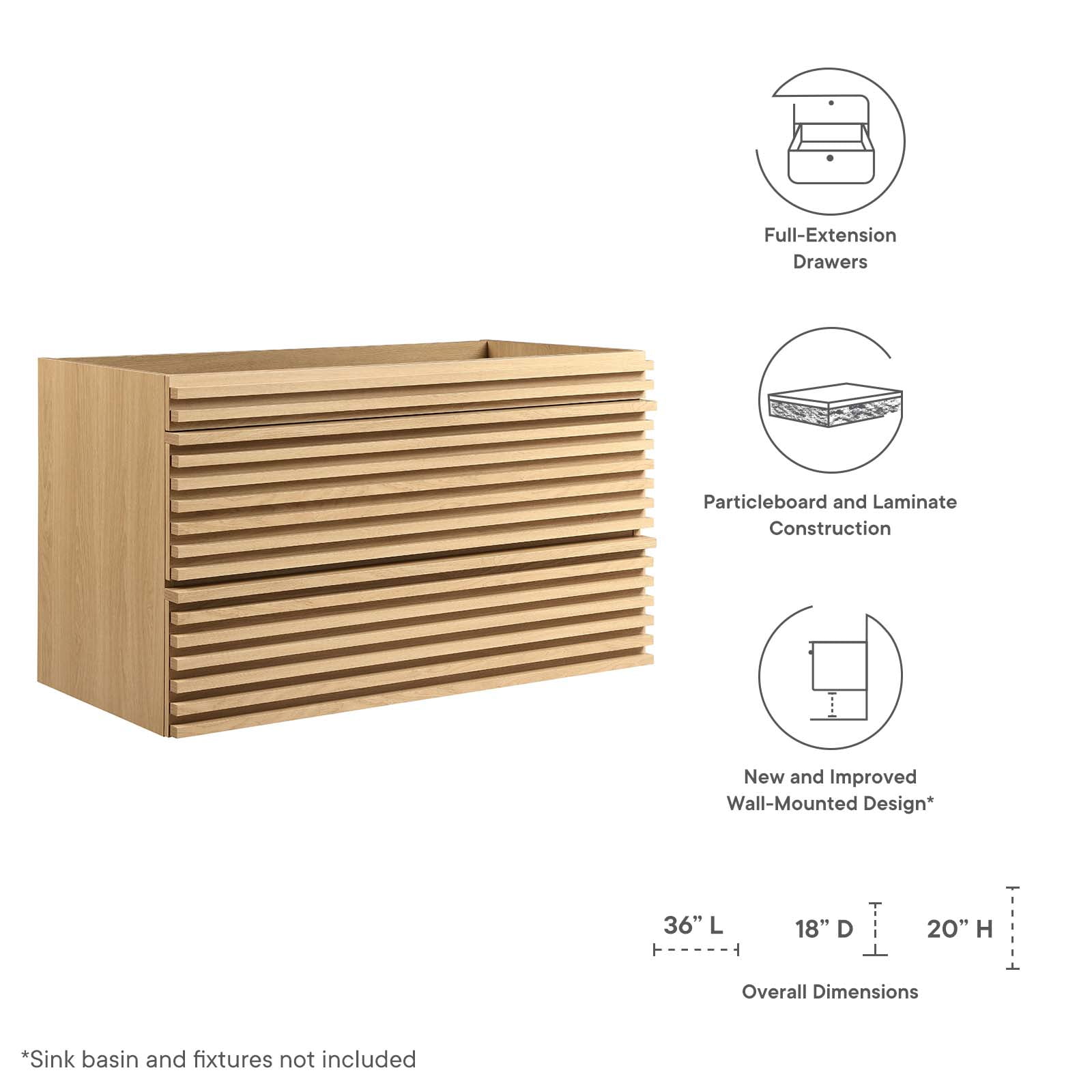 Render 36" Oak Wall-Mount Bathroom Vanity with Full-Extension Drawers