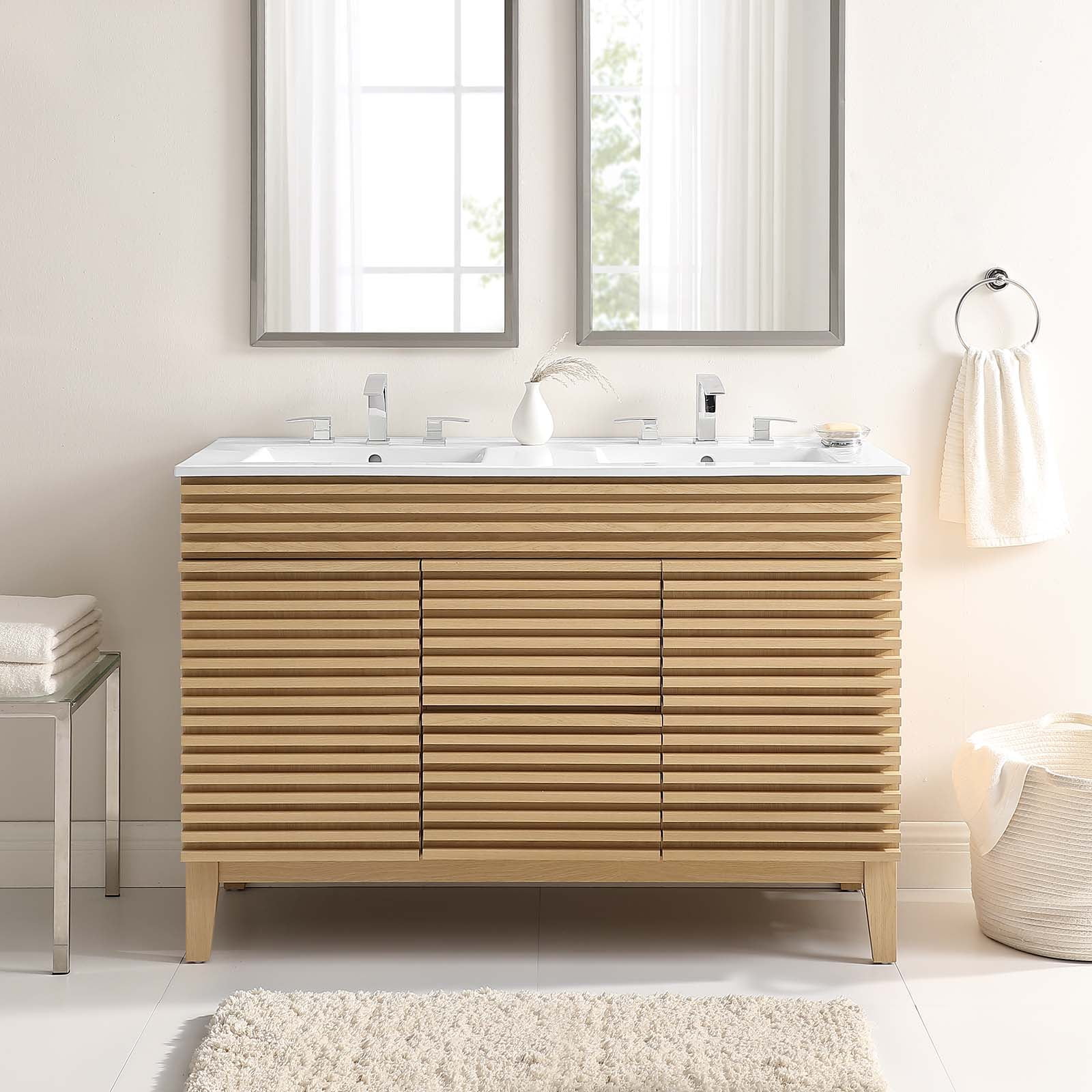 "Modway Render 48"" Double Sink Bathroom Vanity in Oak White, Mid