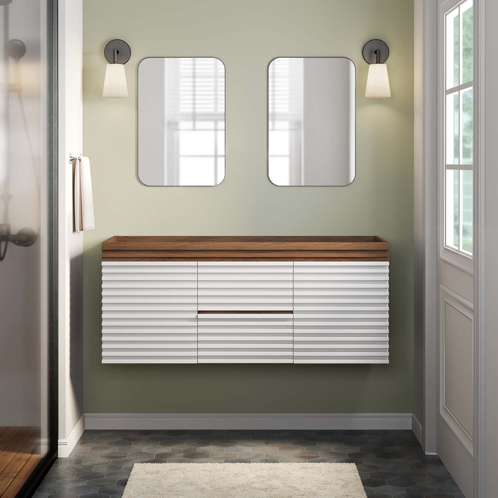 48" White and Walnut Wall-Mount MDF Bathroom Vanity Cabinet