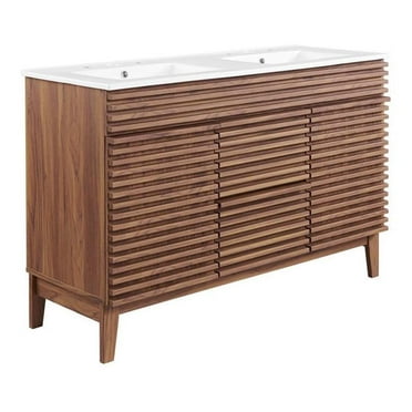 Modway Render 48" Modern Wood Double Sink Bathroom Vanity in Walnut/White