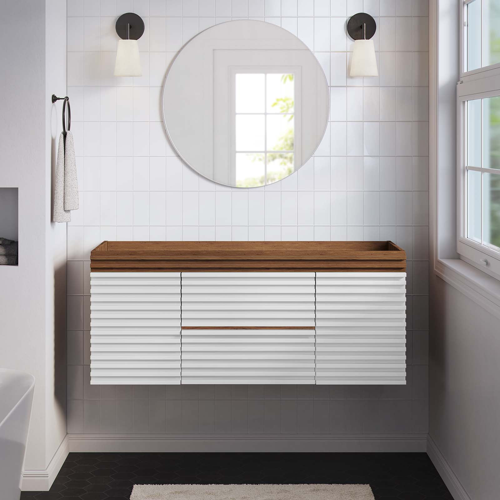 Render 48" White and Walnut Wall-Mount Bathroom Vanity