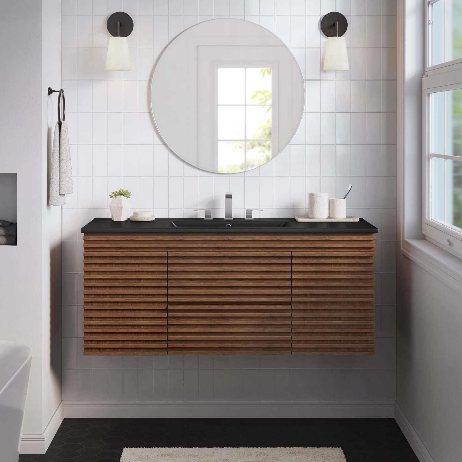 Modway Render 48" Wall-Mount Bathroom Vanity in Walnut Black - Walmart.com