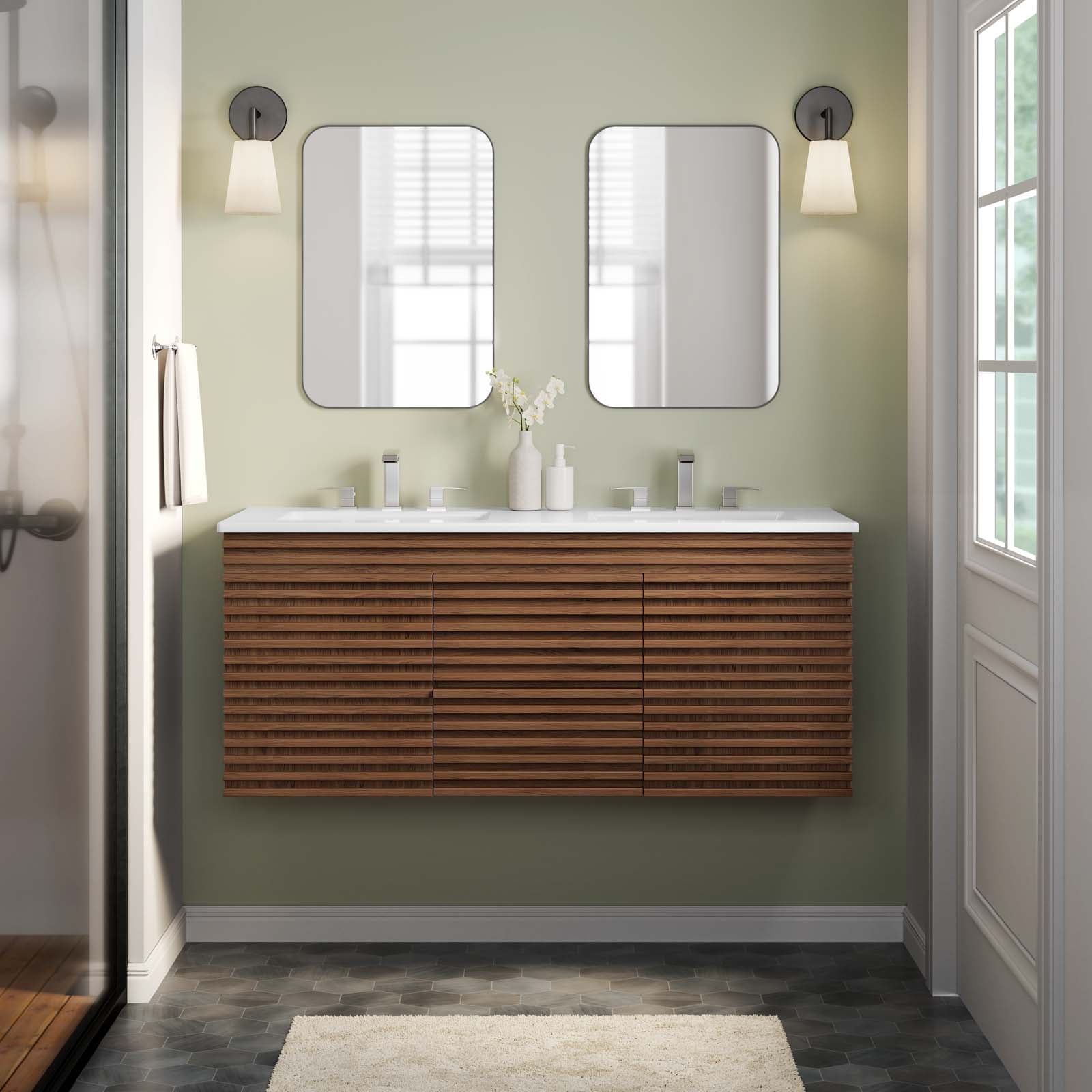 48" White and Walnut Wall-Mount MDF Bathroom Vanity Cabinet
