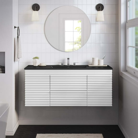 Modway Render 48" Wall-Mount Bathroom Vanity in White Black