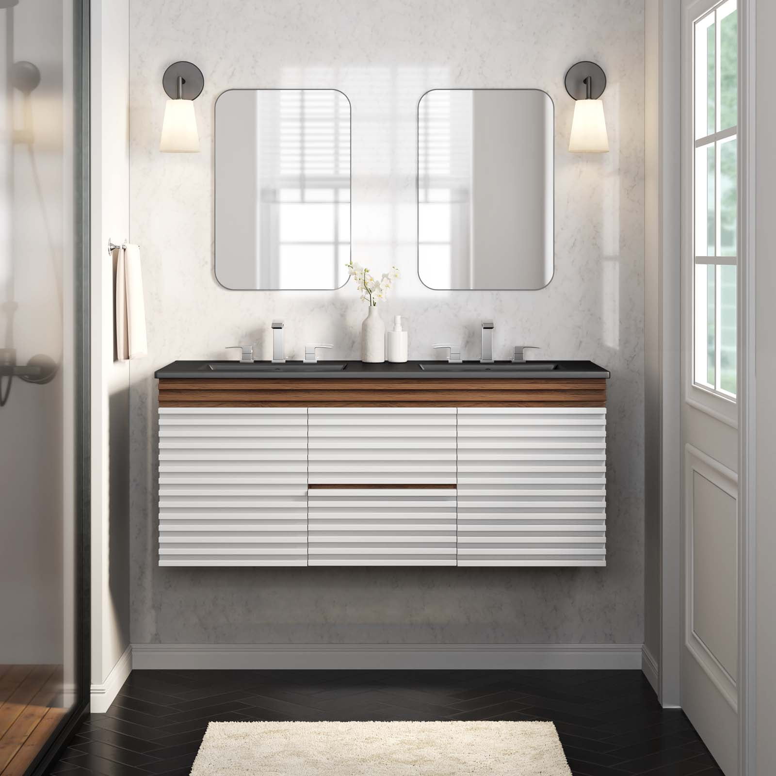 Modway Render 48" Wall-Mount Bathroom Vanity in White Walnut Black - Walmart.com