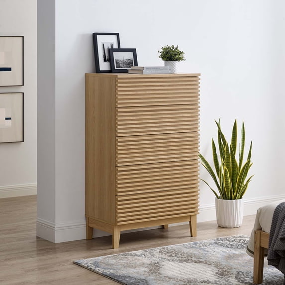 Modway Render 5-Drawer Modern Particleboard Wood Dresser Chest in Oak