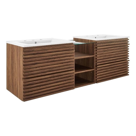 Modway Render Wall-Mount Bathroom Vanity in Walnut/White