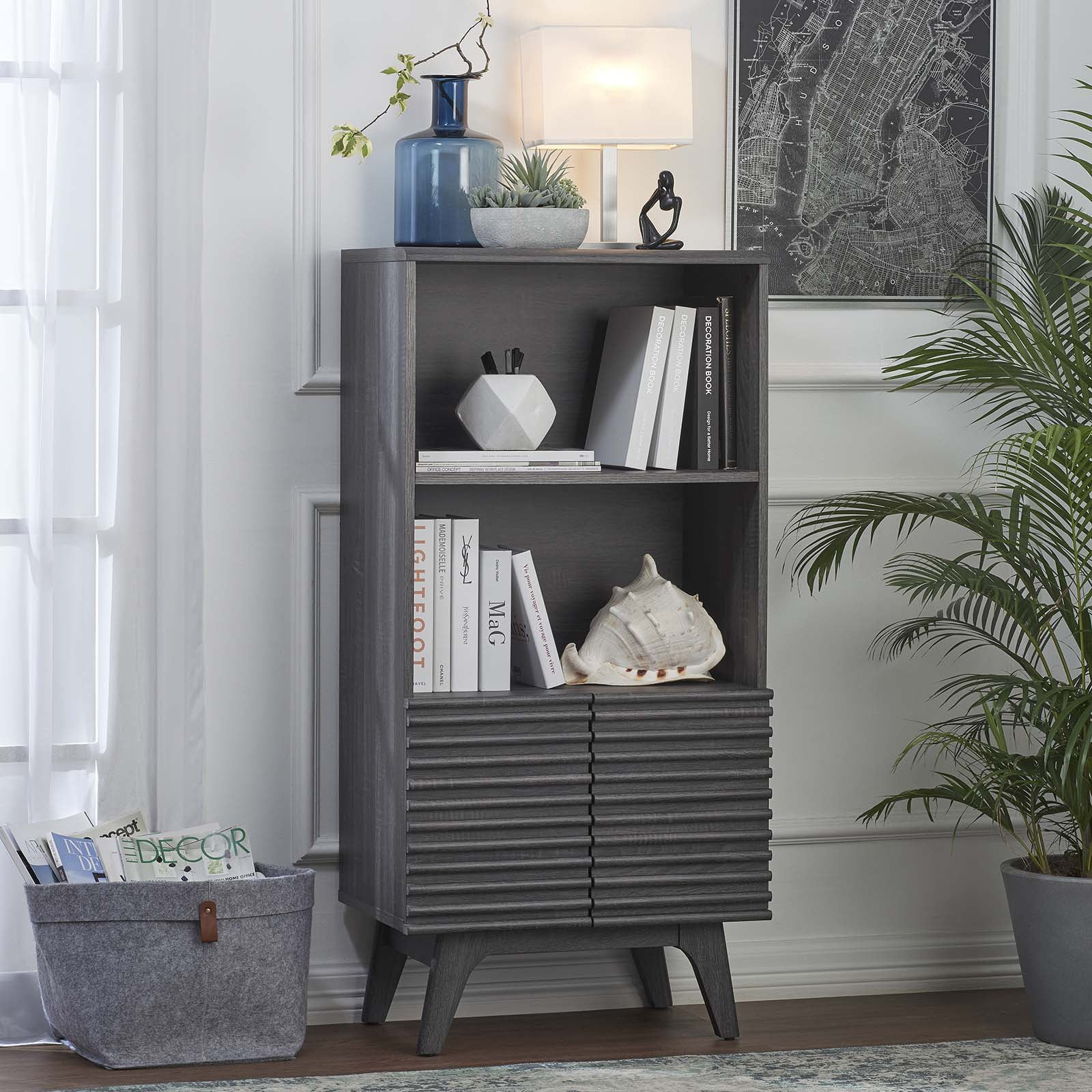 Charcoal Wood Mid-Century Modern Display Cabinet Bookshelf