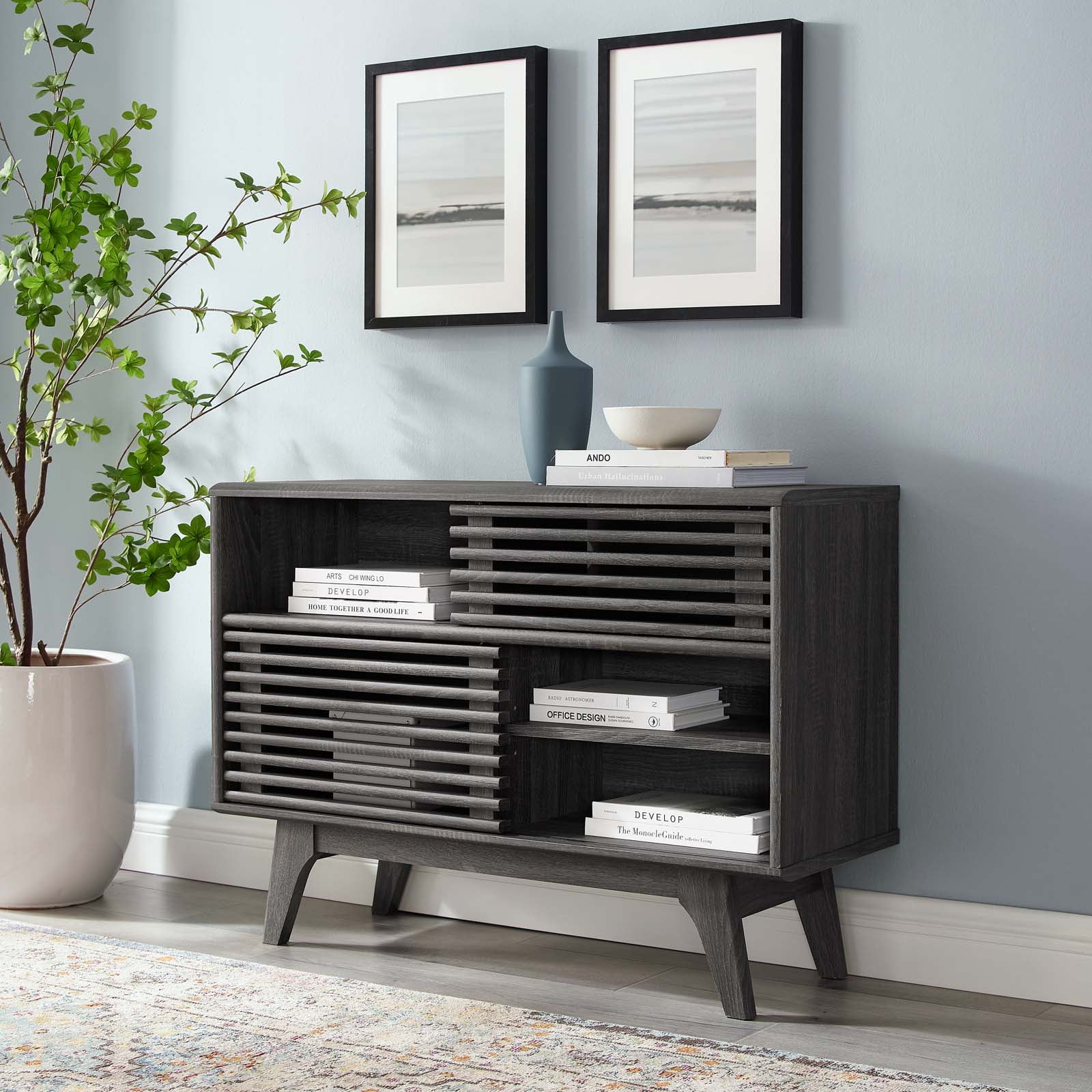 Charcoal Mid-Century Modern TV Stand with Cabinet