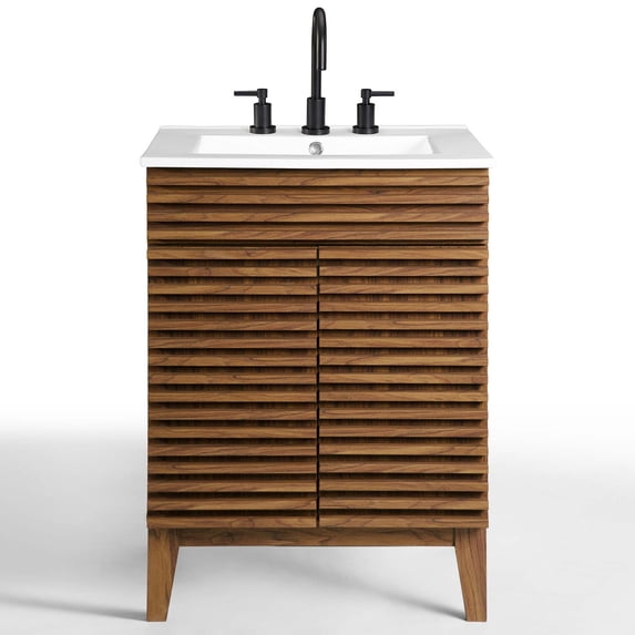 Modway Render Modern Style Wood Bathroom Vanity in Walnut and White