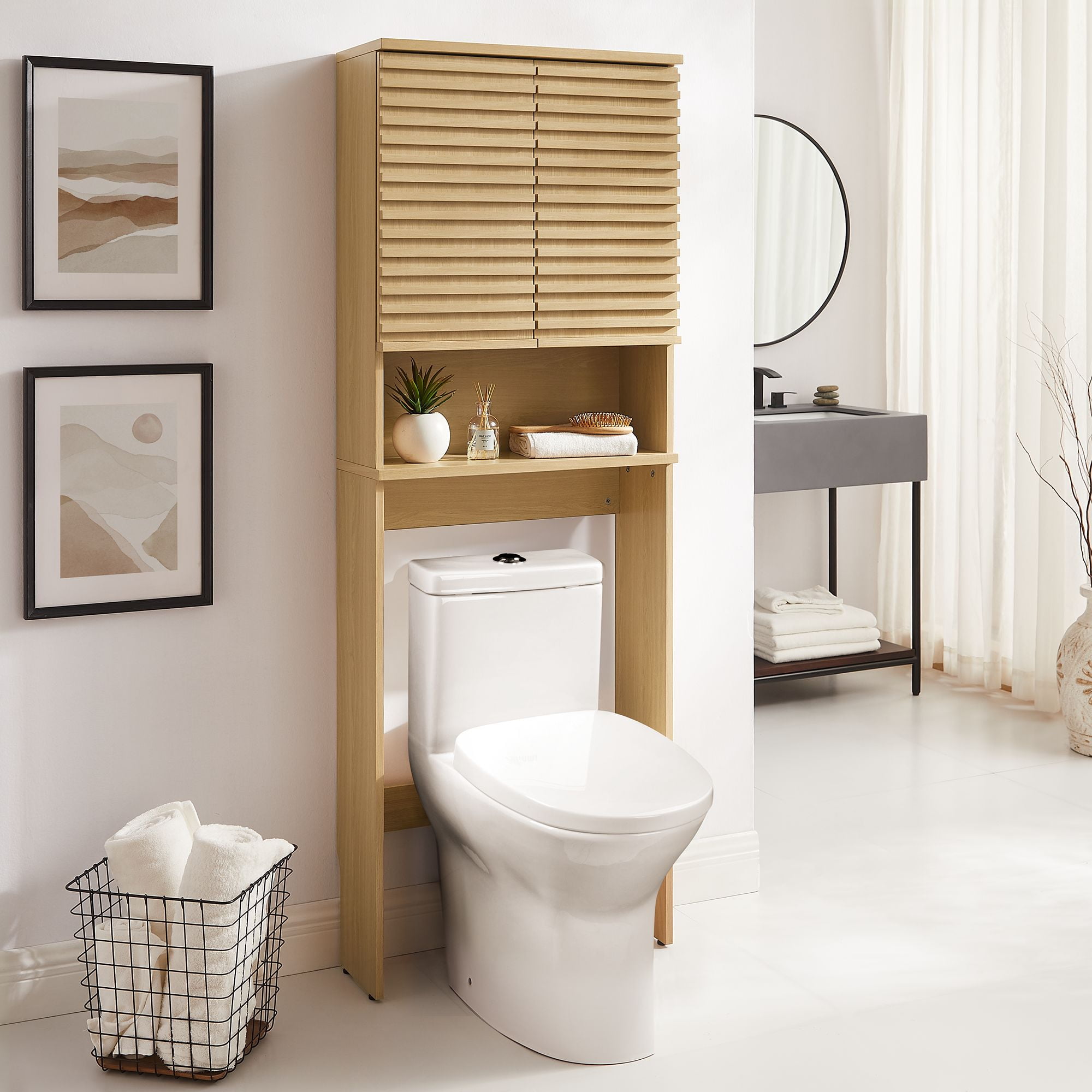 Modway Render Over the Toilet Bathroom Storage Cabinet in Oak