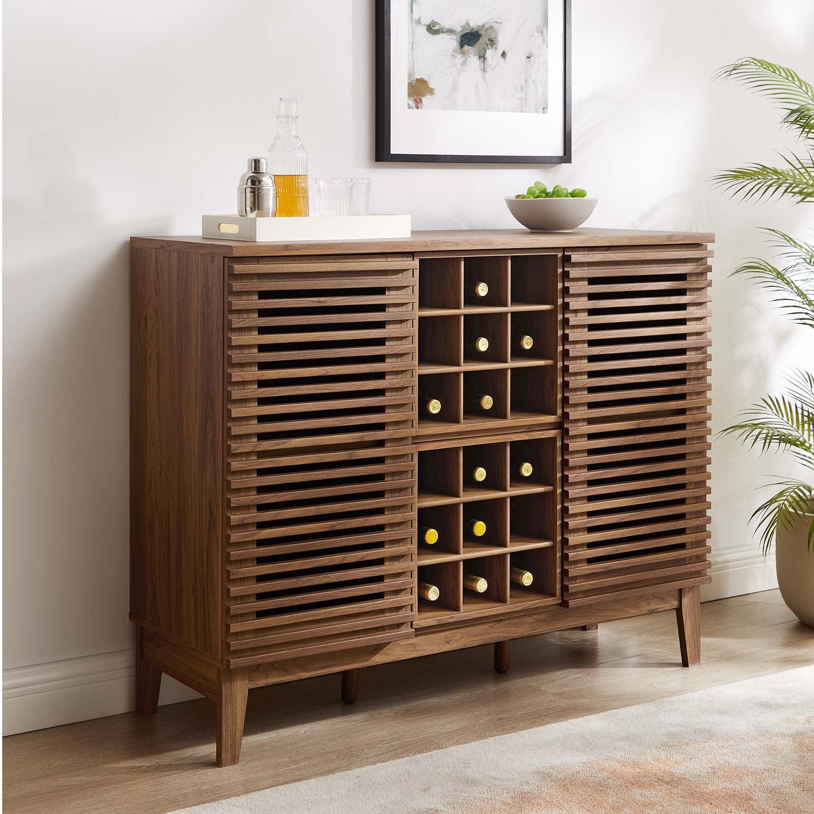 Mid-Century Walnut Grain Laminate Bar Cabinet with Wine Rack