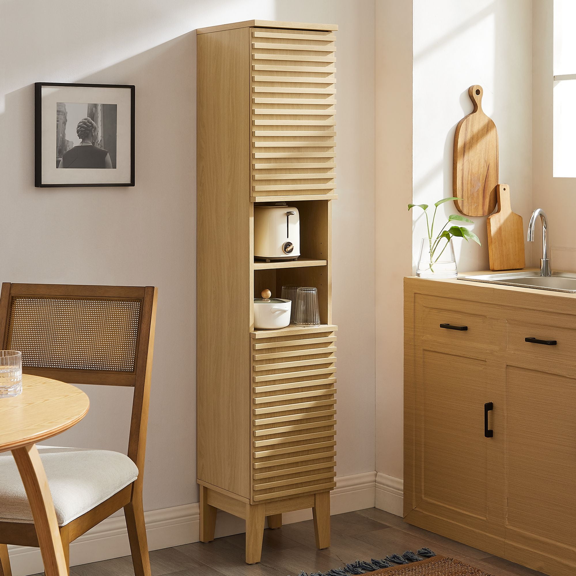 Tall Oak Bathroom Storage Cabinet with Adjustable Shelving