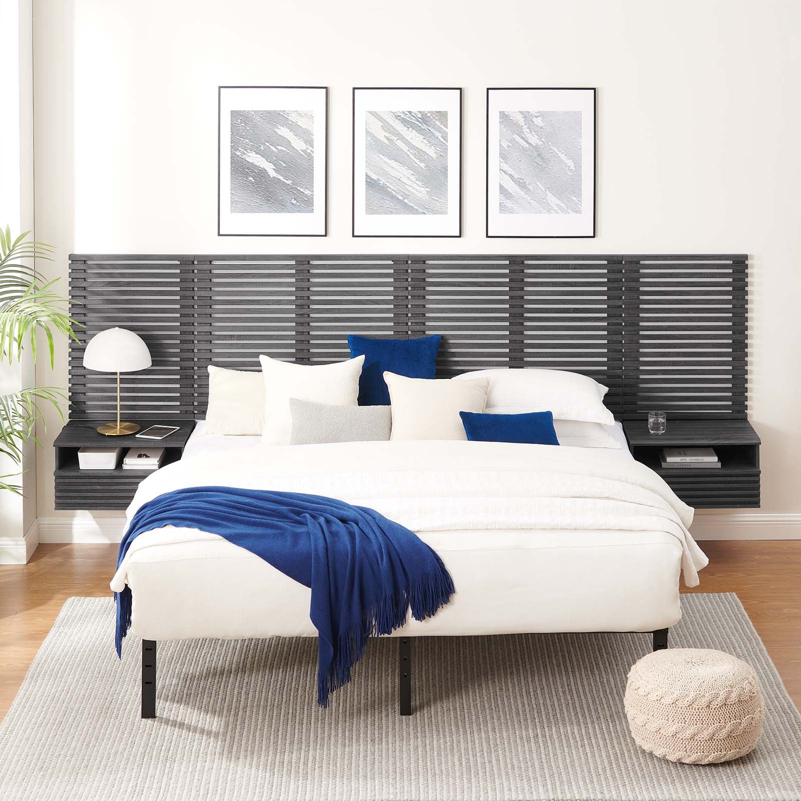 Modway King Size Mid-Century Wall Mount Headboard and Nightstands in Charcoal - Walmart.com