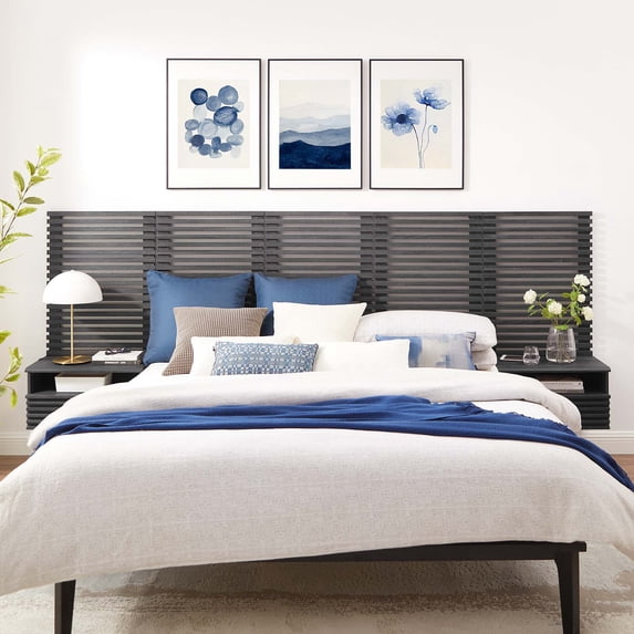 Modway Render Wall Mount Queen Headboard and Modern Nightstands in Charcoal