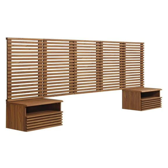 Modway Render Wall Mount Queen Headboard and Modern Nightstands in Walnut