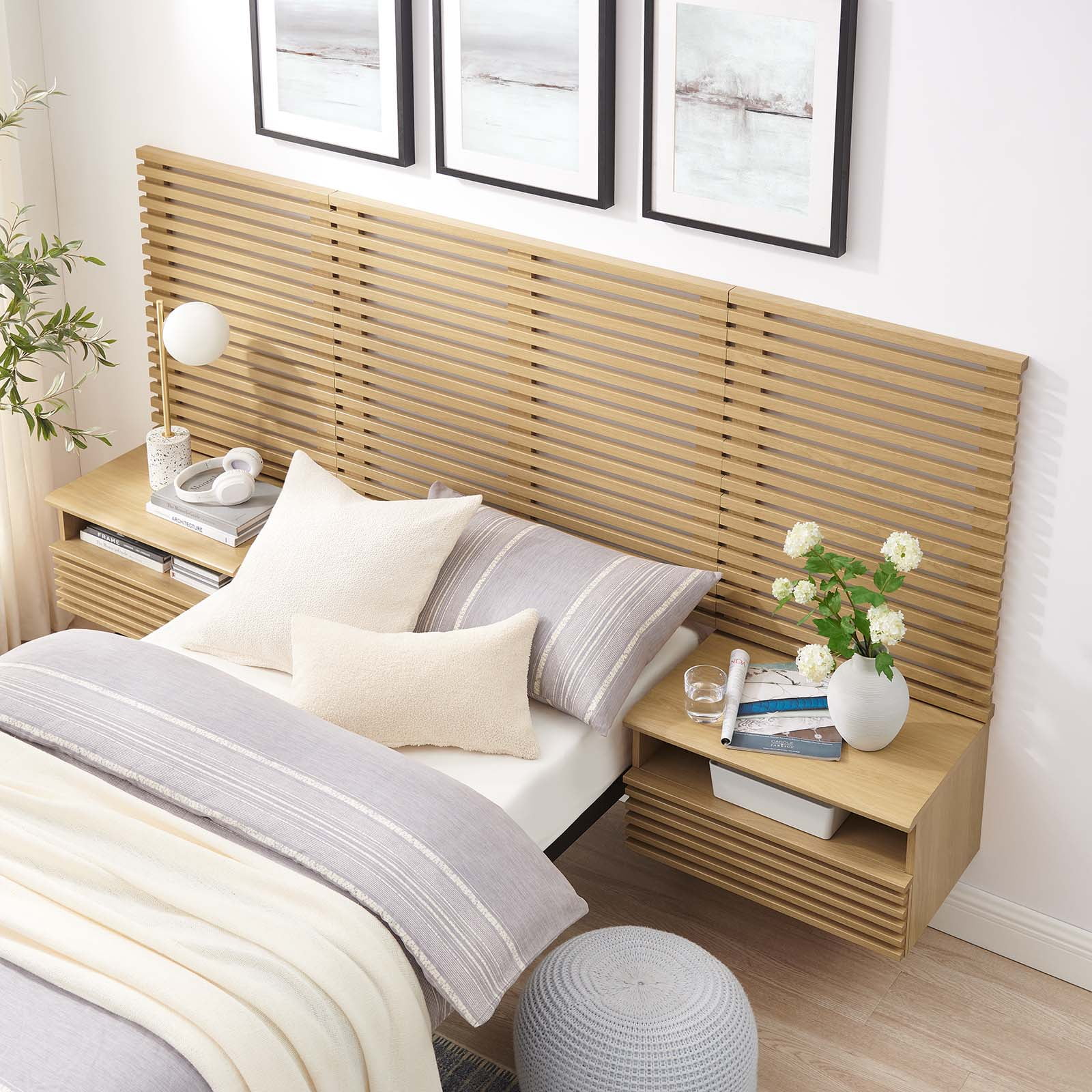 Modway Render Wall Mount Twin Headboard and Modern Nightstands in Oak