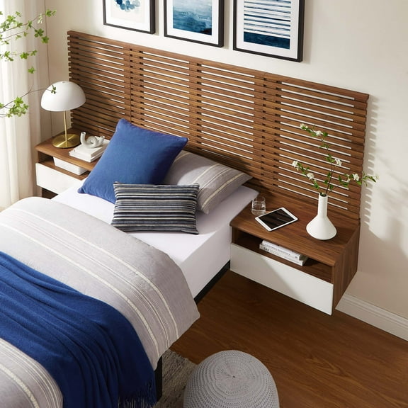 Modway Render Wall Mount Twin Headboard and Modern Nightstands in Walnut