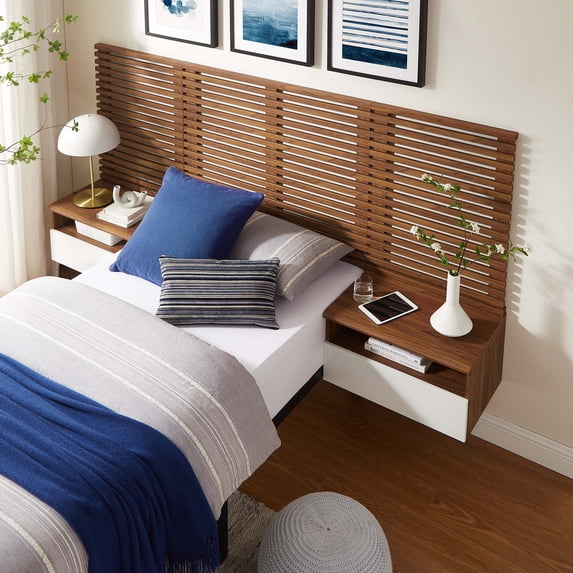 Modway Render Modern Wood Twin Headboard and Nightstands in Walnut