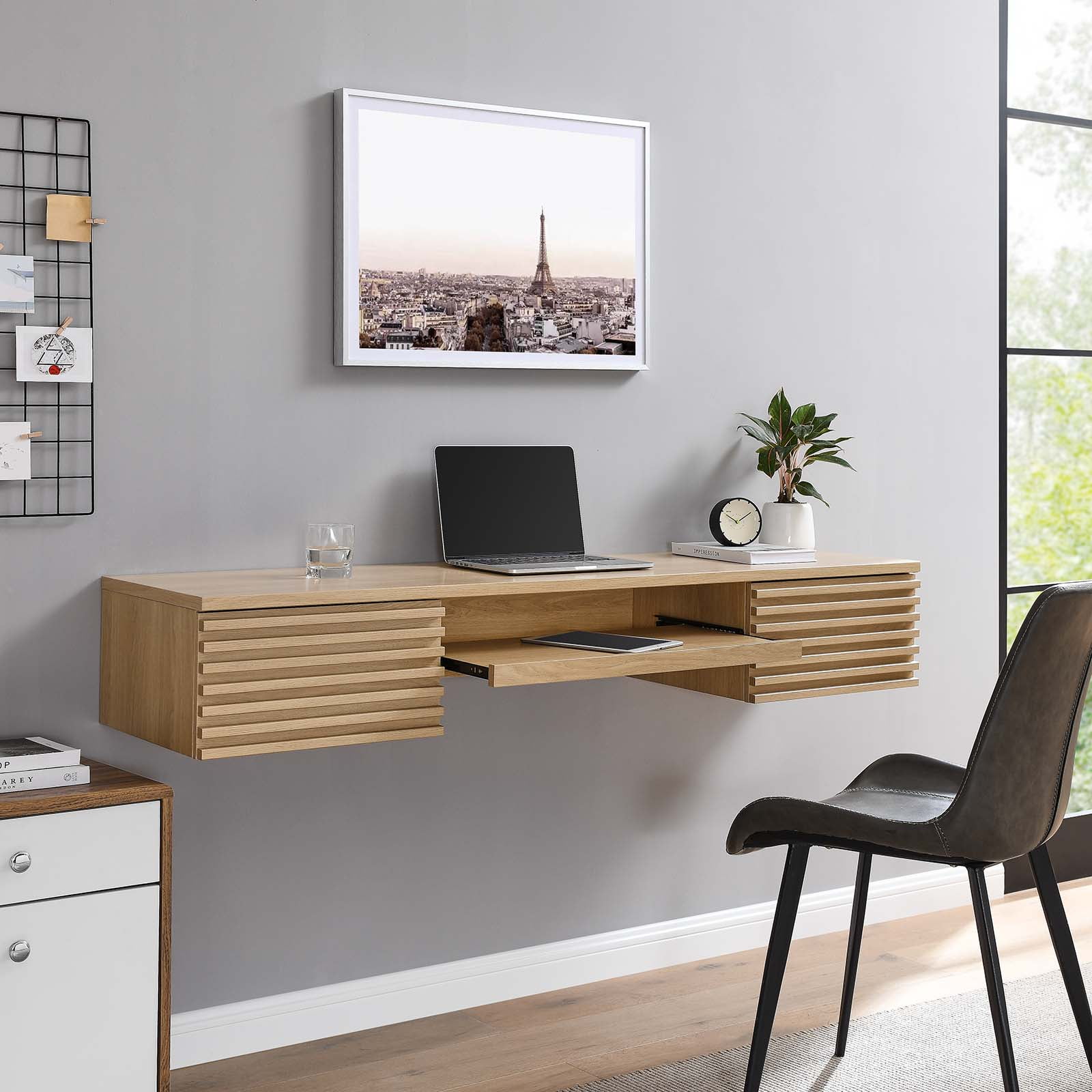 Oak Wall Mounted Office Desk with Drawers and Keyboard Tray