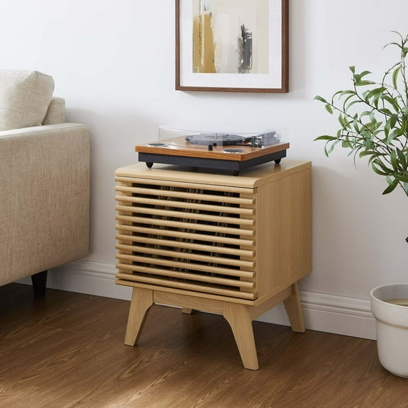 Modway Render Wood & Vinyl Record Display Stand with Hinged Door in Oak