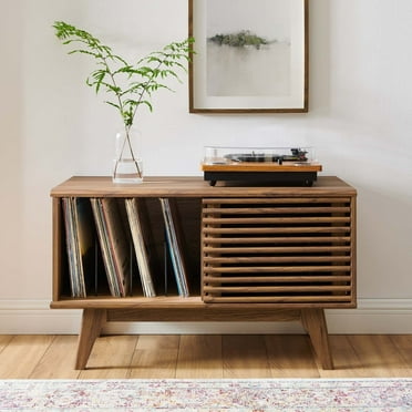 Modway Render Wood & Vinyl Record Display Stand with Sliding Door in Walnut