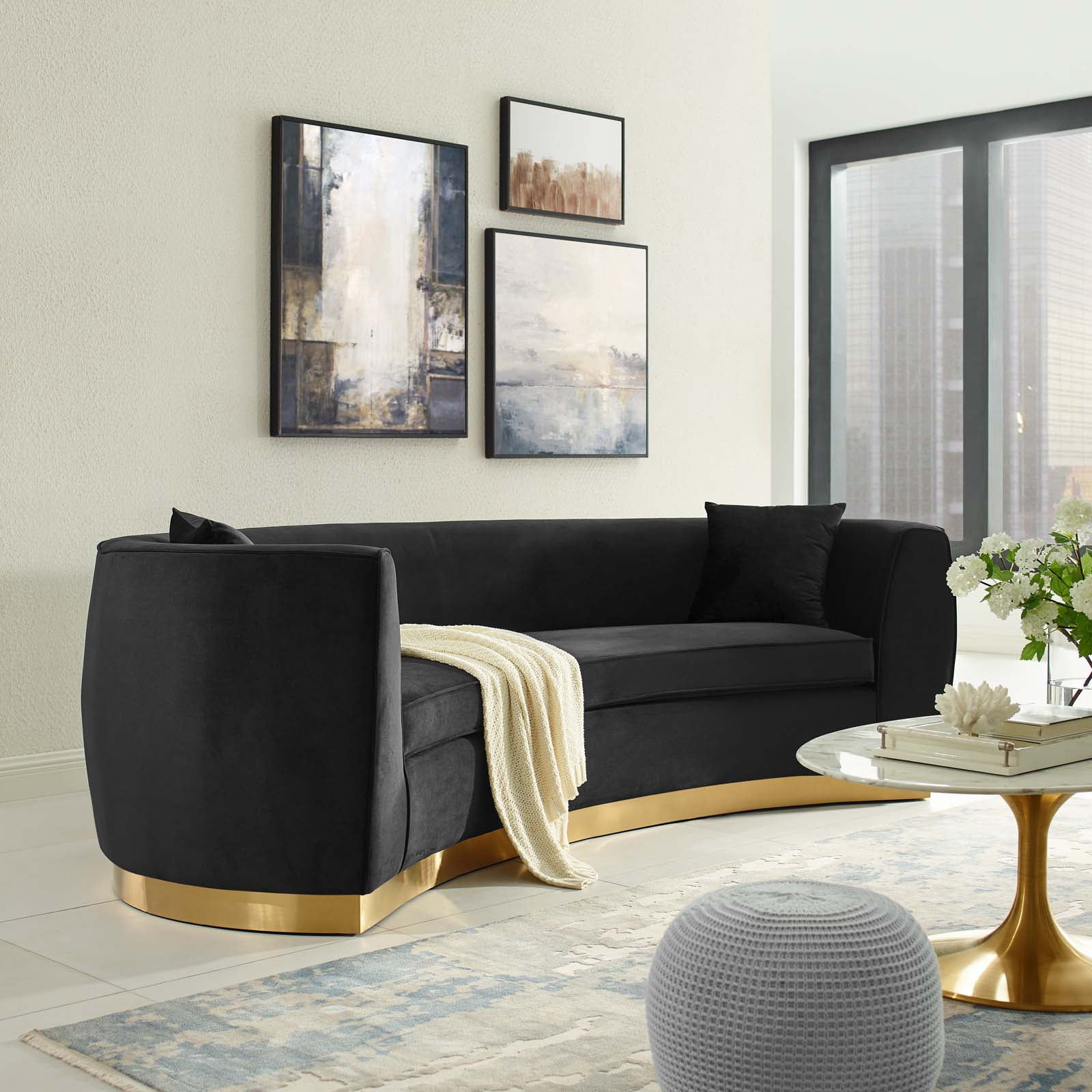 Modway Resolute Curved Performance Velvet Stainless Steel Sofa in Black