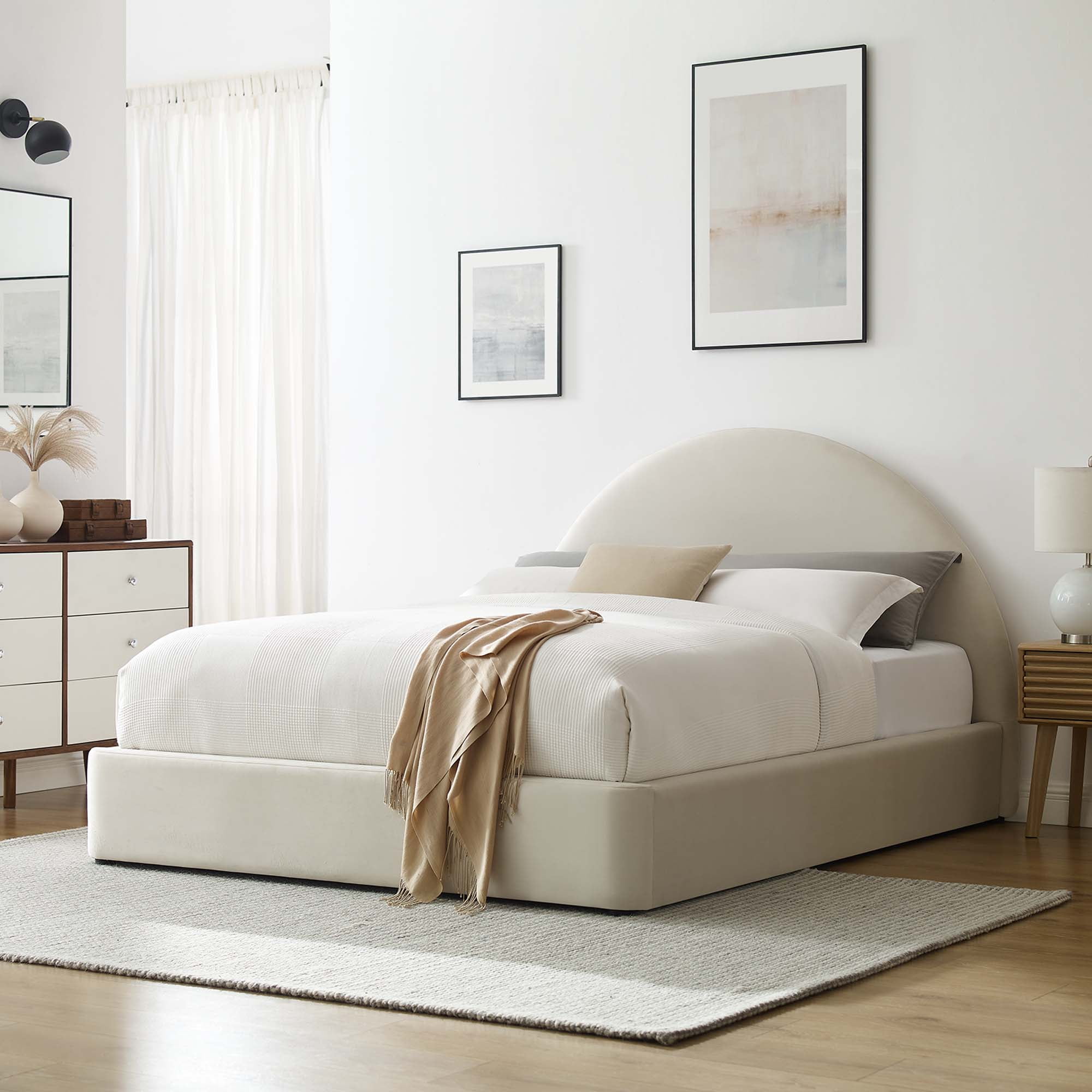 Alabaster Velvet Upholstered Full Platform Bed with Arched Headboard
