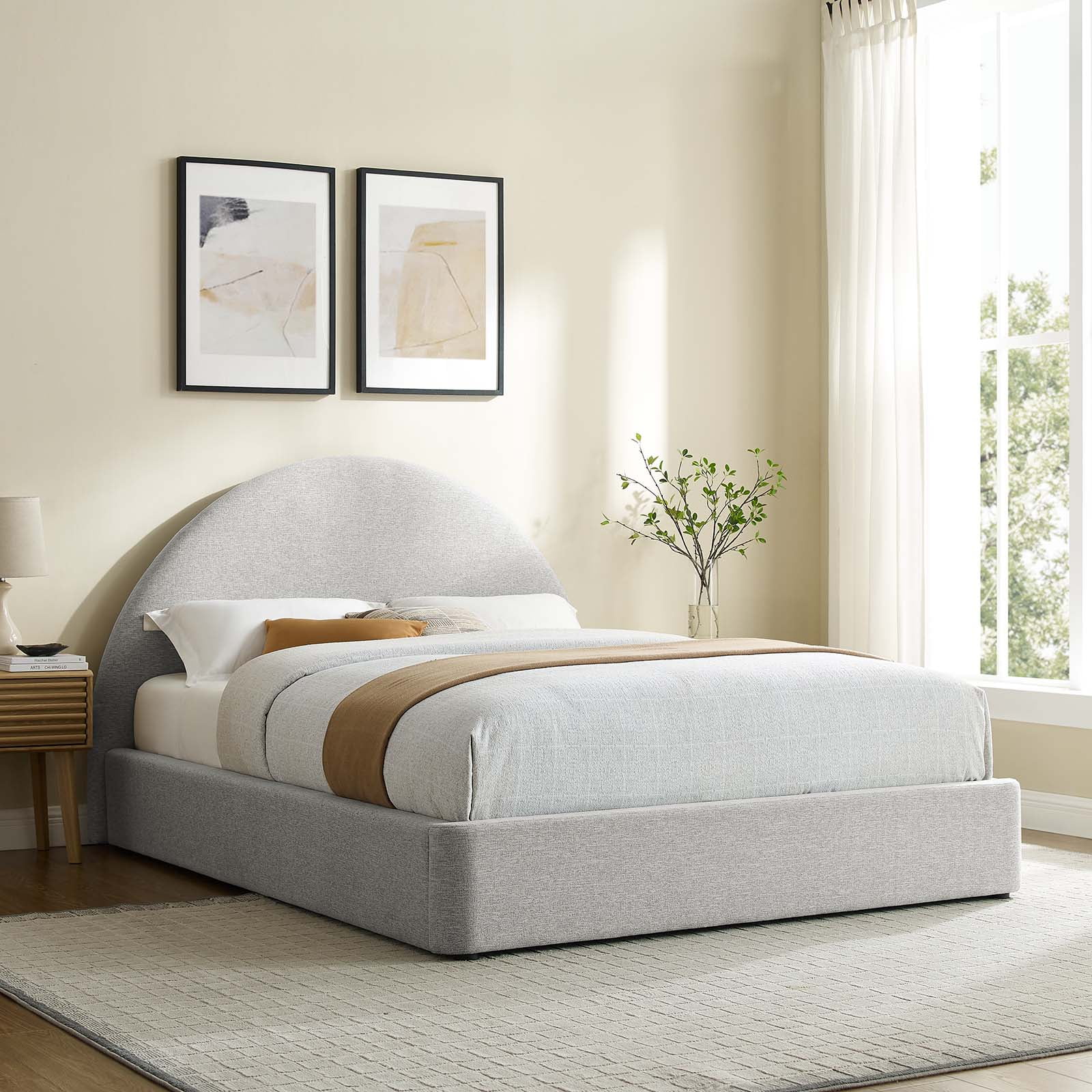 Heathered Light Gray Full Size Velvet Upholstered Platform Bed with Arched Headboard